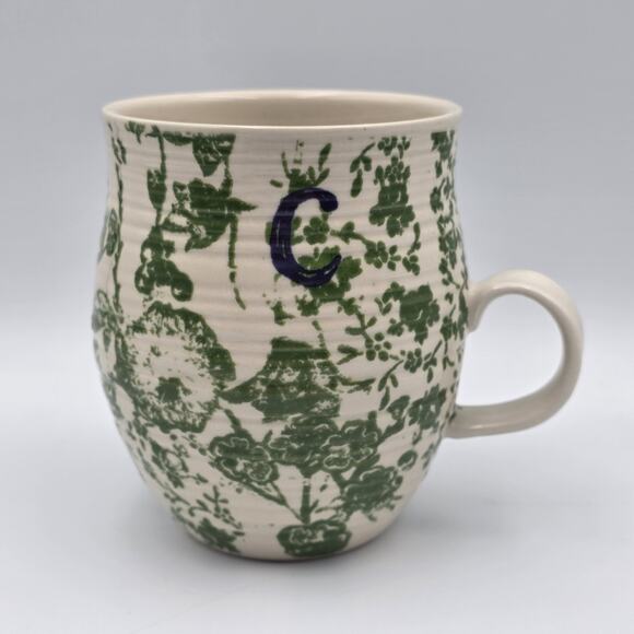 Anthropologie Homegrown Monogram Mug Initial ' C ' Green White Floral Rose Bird - Picture 1 of 8